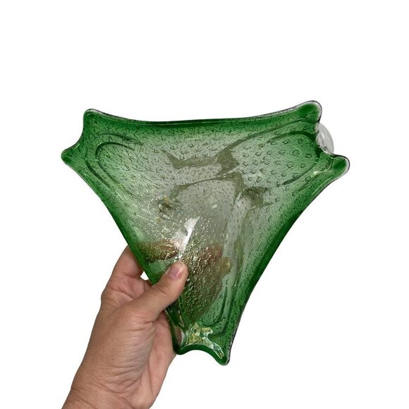 Murano Art Glass Bowl Green Gold Flecks Controlled Bubbles Bullicante MCM - Picture 2 of 15